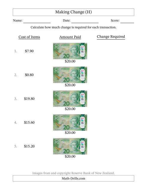 The Making Change from New Zealand Twenty Dollar Banknotes (H) Math Worksheet