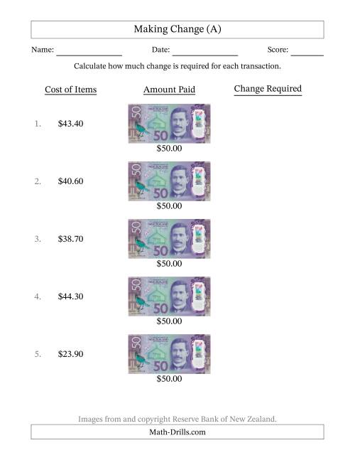 The Making Change from New Zealand Fifty Dollar Banknotes (A) Math Worksheet