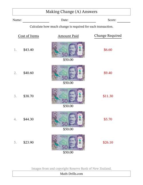 The Making Change from New Zealand Fifty Dollar Banknotes (A) Math Worksheet Page 2