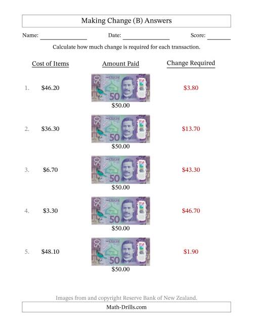 The Making Change from New Zealand Fifty Dollar Banknotes (B) Math Worksheet Page 2