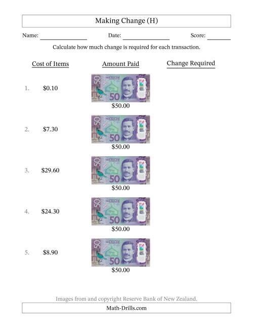 The Making Change from New Zealand Fifty Dollar Banknotes (H) Math Worksheet