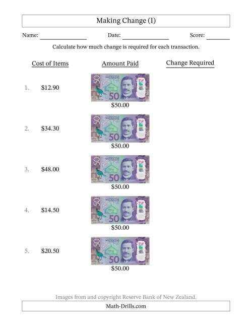 The Making Change from New Zealand Fifty Dollar Banknotes (I) Math Worksheet