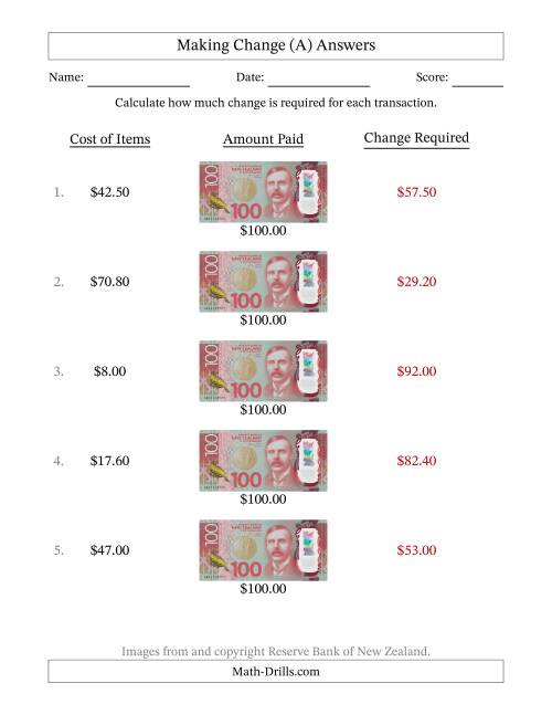 The Making Change from New Zealand One Hundred Dollar Banknotes (A) Math Worksheet Page 2