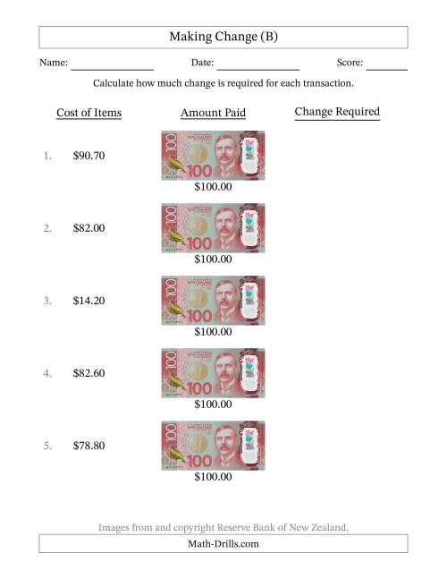 The Making Change from New Zealand One Hundred Dollar Banknotes (B) Math Worksheet