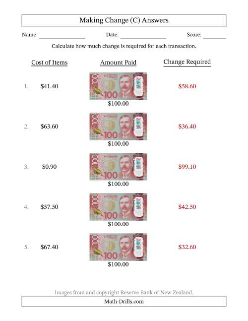 The Making Change from New Zealand One Hundred Dollar Banknotes (C) Math Worksheet Page 2