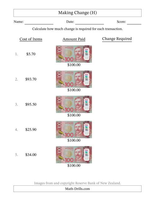 The Making Change from New Zealand One Hundred Dollar Banknotes (H) Math Worksheet