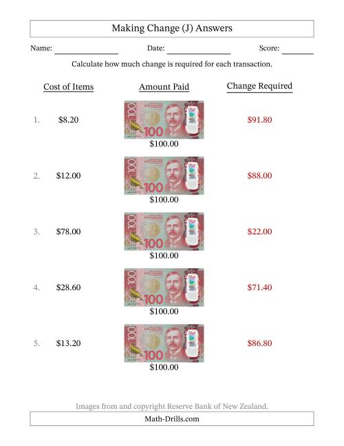 The Making Change from New Zealand One Hundred Dollar Banknotes (J) Math Worksheet Page 2