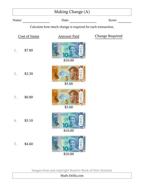 The Making Change from New Zealand Banknotes up to Ten Dollars (A) Math Worksheet