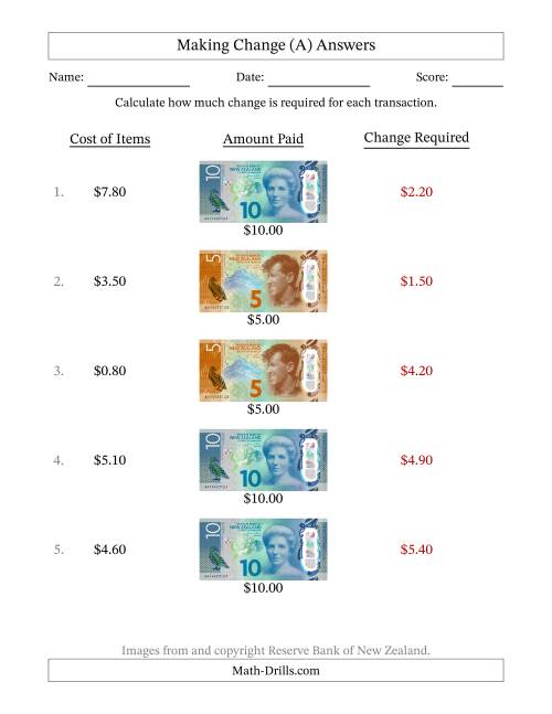 The Making Change from New Zealand Banknotes up to Ten Dollars (A) Math Worksheet Page 2