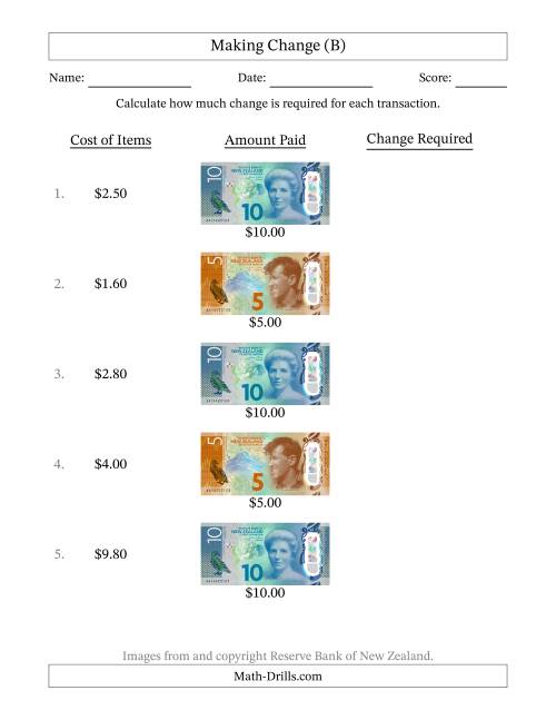 The Making Change from New Zealand Banknotes up to Ten Dollars (B) Math Worksheet