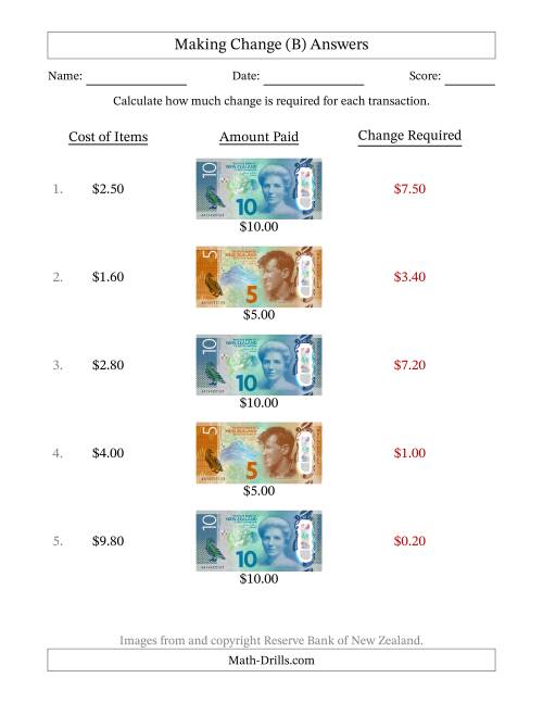 The Making Change from New Zealand Banknotes up to Ten Dollars (B) Math Worksheet Page 2