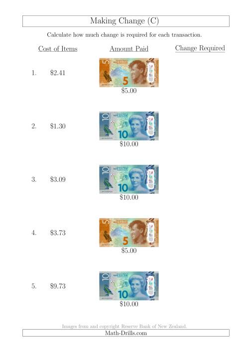 The Making Change from New Zealand Banknotes up to $10 (C) Math Worksheet