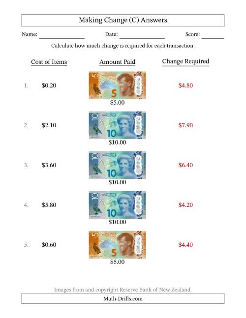 The Making Change from New Zealand Banknotes up to Ten Dollars (C) Math Worksheet Page 2