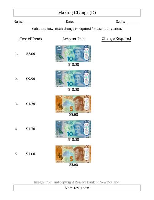 The Making Change from New Zealand Banknotes up to Ten Dollars (D) Math Worksheet