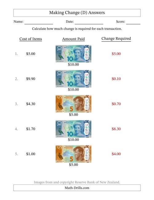 The Making Change from New Zealand Banknotes up to Ten Dollars (D) Math Worksheet Page 2