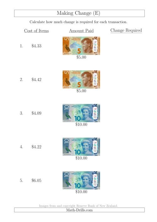 The Making Change from New Zealand Banknotes up to $10 (E) Math Worksheet