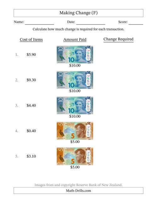 The Making Change from New Zealand Banknotes up to Ten Dollars (F) Math Worksheet