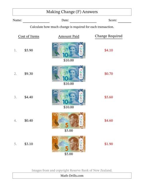 The Making Change from New Zealand Banknotes up to Ten Dollars (F) Math Worksheet Page 2