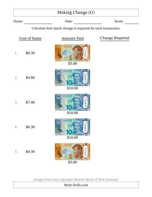 The Making Change from New Zealand Banknotes up to Ten Dollars (G) Math Worksheet