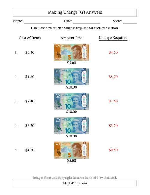 The Making Change from New Zealand Banknotes up to Ten Dollars (G) Math Worksheet Page 2