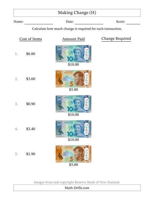 The Making Change from New Zealand Banknotes up to Ten Dollars (H) Math Worksheet