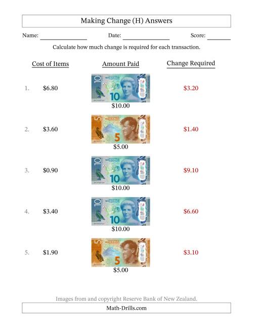 The Making Change from New Zealand Banknotes up to Ten Dollars (H) Math Worksheet Page 2