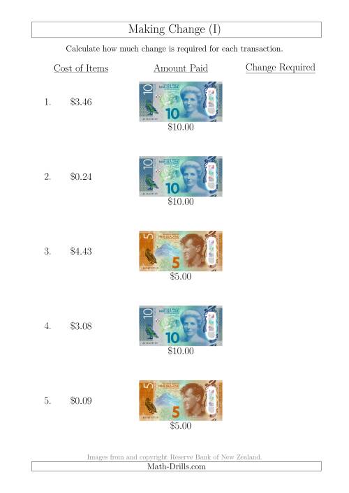 The Making Change from New Zealand Banknotes up to $10 (I) Math Worksheet