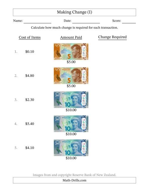 The Making Change from New Zealand Banknotes up to Ten Dollars (I) Math Worksheet