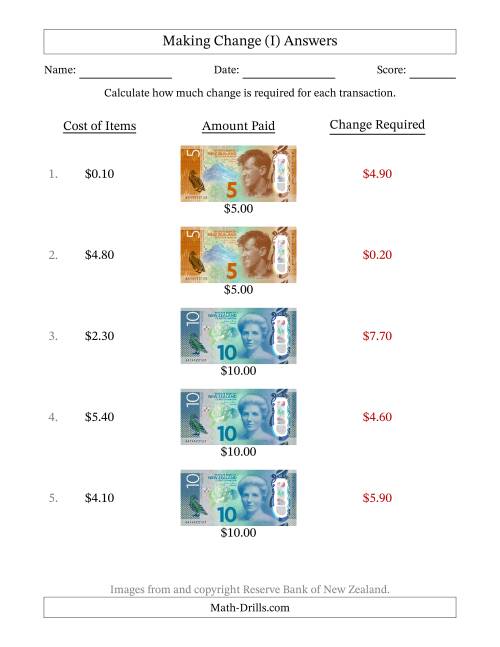 The Making Change from New Zealand Banknotes up to Ten Dollars (I) Math Worksheet Page 2