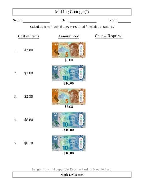 The Making Change from New Zealand Banknotes up to Ten Dollars (J) Math Worksheet