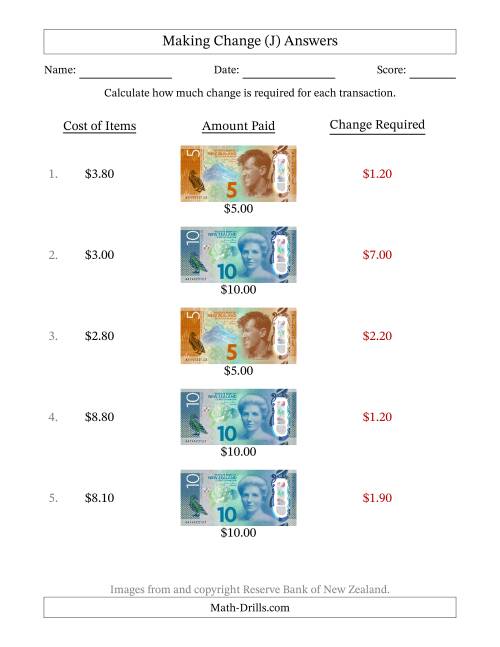 The Making Change from New Zealand Banknotes up to Ten Dollars (J) Math Worksheet Page 2