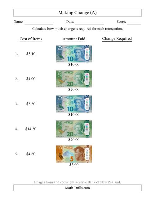 The Making Change from New Zealand Banknotes up to Twenty Dollars (A) Math Worksheet