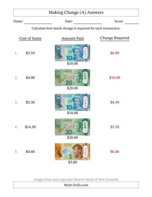 The Making Change from New Zealand Banknotes up to Twenty Dollars (A) Math Worksheet Page 2