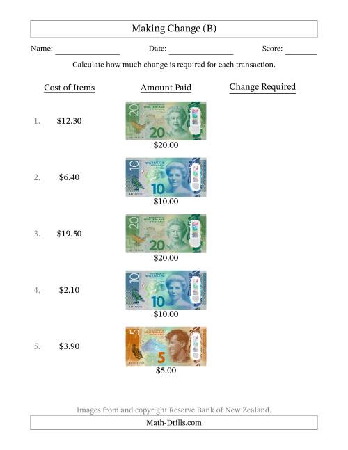 The Making Change from New Zealand Banknotes up to Twenty Dollars (B) Math Worksheet