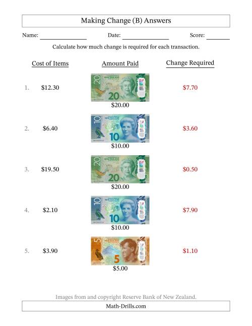 The Making Change from New Zealand Banknotes up to Twenty Dollars (B) Math Worksheet Page 2