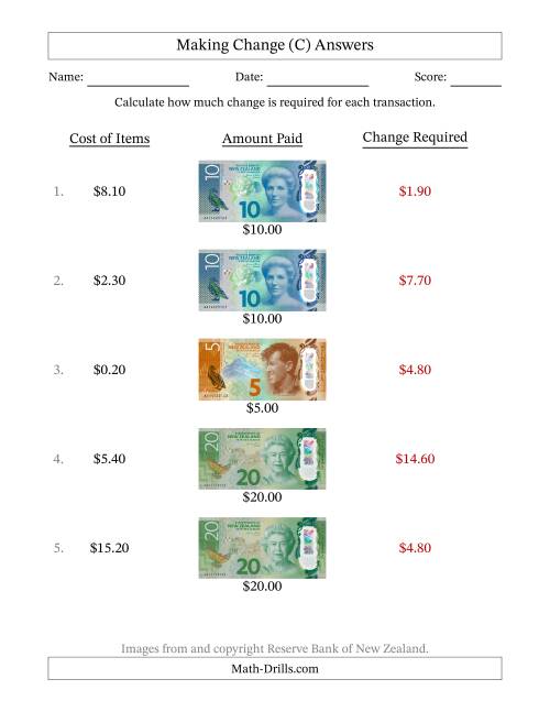 The Making Change from New Zealand Banknotes up to Twenty Dollars (C) Math Worksheet Page 2