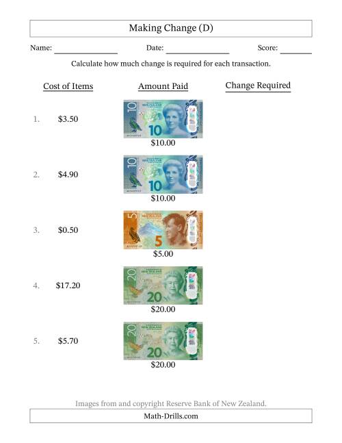 The Making Change from New Zealand Banknotes up to Twenty Dollars (D) Math Worksheet