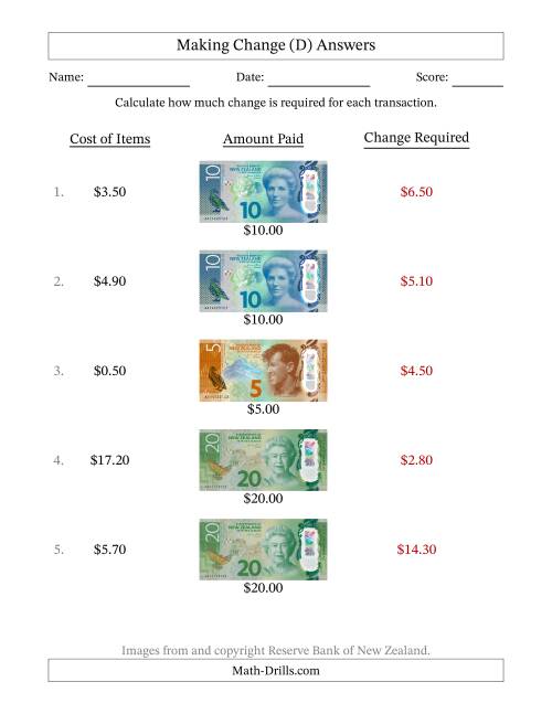 The Making Change from New Zealand Banknotes up to Twenty Dollars (D) Math Worksheet Page 2