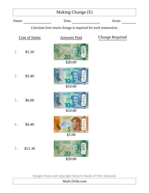 The Making Change from New Zealand Banknotes up to Twenty Dollars (E) Math Worksheet