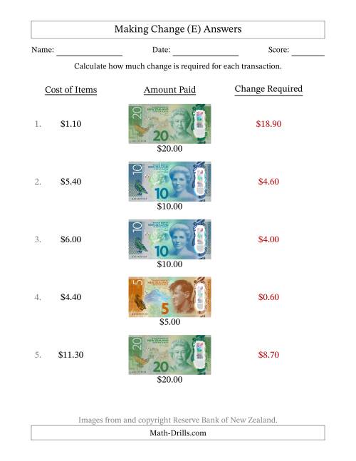 The Making Change from New Zealand Banknotes up to Twenty Dollars (E) Math Worksheet Page 2