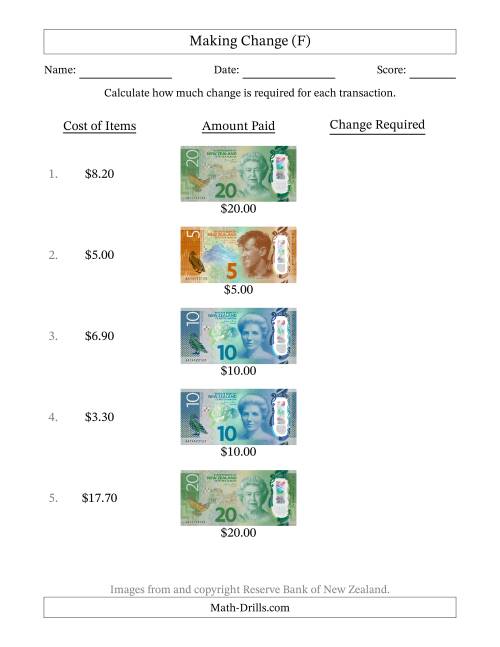 The Making Change from New Zealand Banknotes up to Twenty Dollars (F) Math Worksheet