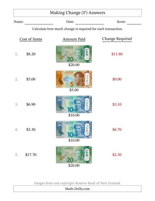 The Making Change from New Zealand Banknotes up to Twenty Dollars (F) Math Worksheet Page 2