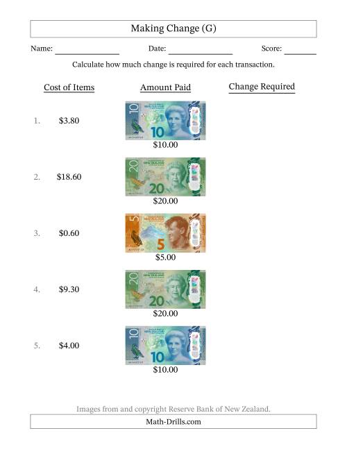 The Making Change from New Zealand Banknotes up to Twenty Dollars (G) Math Worksheet