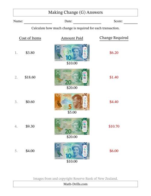 The Making Change from New Zealand Banknotes up to Twenty Dollars (G) Math Worksheet Page 2