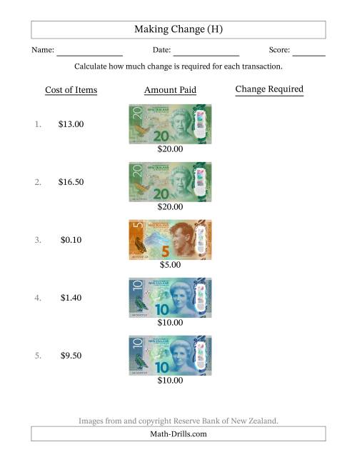 The Making Change from New Zealand Banknotes up to Twenty Dollars (H) Math Worksheet