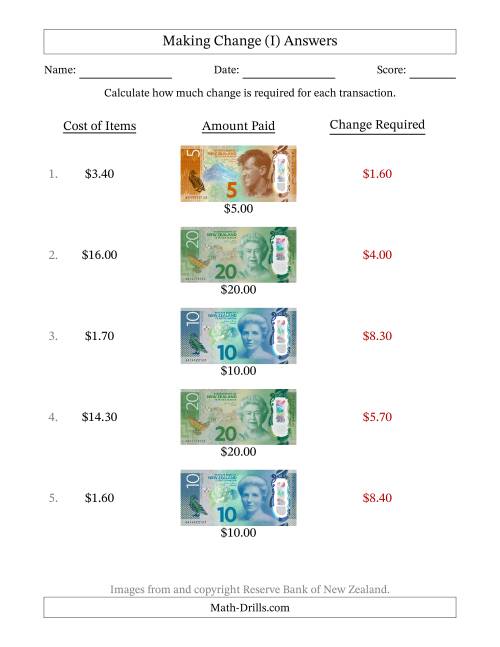 The Making Change from New Zealand Banknotes up to Twenty Dollars (I) Math Worksheet Page 2