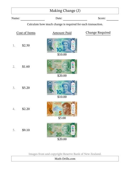 The Making Change from New Zealand Banknotes up to Twenty Dollars (J) Math Worksheet