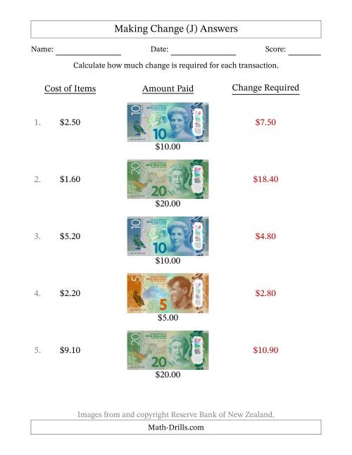 The Making Change from New Zealand Banknotes up to Twenty Dollars (J) Math Worksheet Page 2