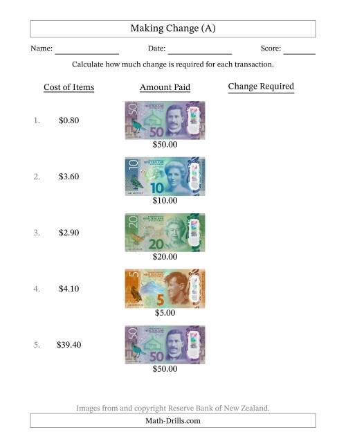 The Making Change from New Zealand Banknotes up to Fifty Dollars (A) Math Worksheet