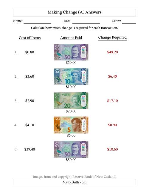 The Making Change from New Zealand Banknotes up to Fifty Dollars (A) Math Worksheet Page 2